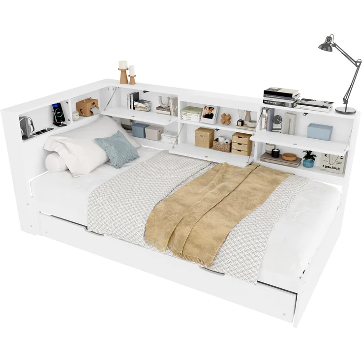EINHOM Daybett, Schlafsofa, 90 x 200 cm, Kopfteil mit Staufach, Ausziehbares Bett, Weiß, (Ohne Matratze) – Bild 4