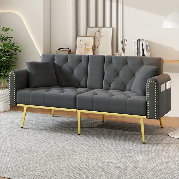 Merax Schlafsofa mit 3 verstellbaren Neigungswinkeln & ausklappbarer Liegefunktion, 2 sitzer Klappsofa Polstersofa mit bettfunktion 1 Teile, Sofa klappbar mit Getränkehalter, Zierkissen & Seitentasche, Samtbezug