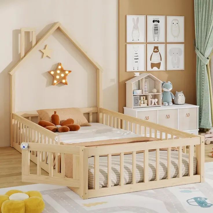 Hausbett mit Lattenrost und Rausfallschutz, 90x200 cm, Kinderbett, Jugendbett, Kiefer