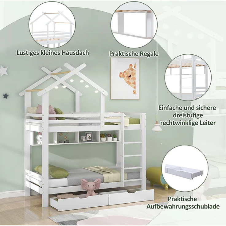 Merax Etagenbett mit Schubladen und Regalen, Hausbett mit dreistufige rechtwinklige Leiter, Kinderbett mit Fallschutz und Gitter, Rahmen aus Kieferholz, Weiß (90x200cm) – Bild 3