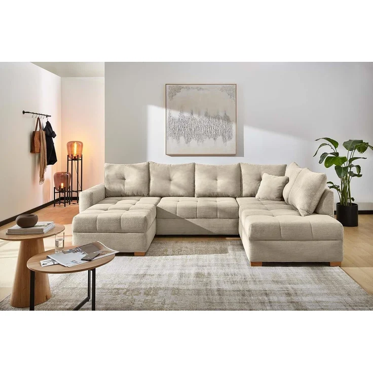 Wohnlandschaft U-Form Sofa groß Schlaffunktion Couch Bettkasten Cord Beige Grau – Bild 2