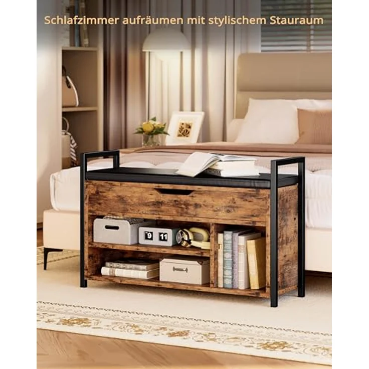 IRONCK Schuhbank mit Sitzfläche, Sitzbank mit Stauraum, Schuhschrank,100 x 30 x 62 cm, 3 offene Fächer, Kunstleder, 130kg belastbar, Schuhregal für Eingang,Flur,Wohnzimmer,Schlafzimmer (Vintagebraun) – Bild 9