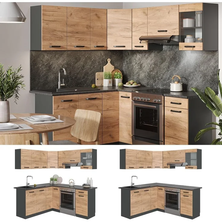 Eckküche R-Line Goldkraft Eiche/Anthrazit 187 x 167 cm, AP Anthrazit mit LED-Leisten Vicco – Bild 6