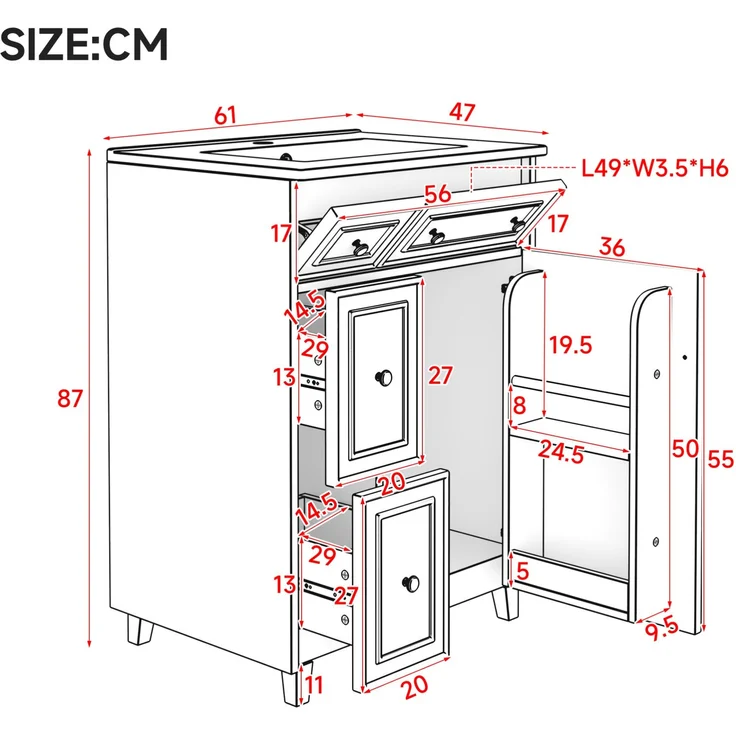Waschtisch 61 x 47 x 87 cm mit Keramikbecken, Schubladen und Stauraum – Weiß – Bild 4