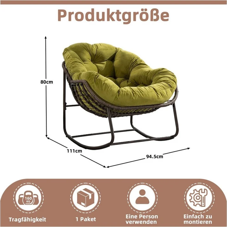 LVHOM Schaukelstuhl mit gepolstertem Kissen, Rattanstuhl mit Stahlrahmen, Lounge Sessel (Großformat B110.5cm x T94.5cm x H80cm,Dicke Kissen,160kg Tragfähigkeit, MEHRE FARBEN MEHRE OPTIONEN! Schaukelsessel umhüllendem Sitzgefühl & hoher Armlehne, 1 St),... – Bild 2