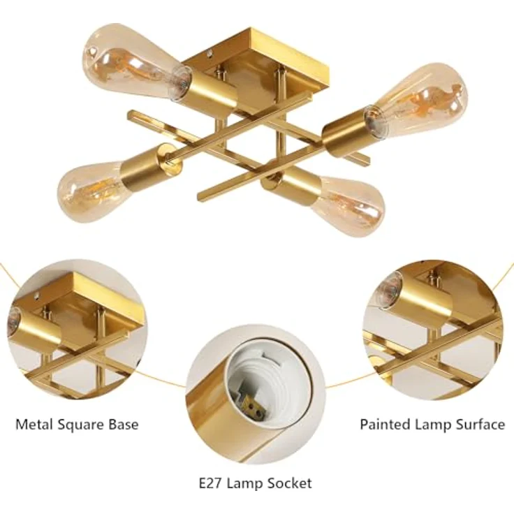 Goeco Deckenleuchte Vintage, Gold Kronleuchter Pendelleuchte Lampe E27 4 Flammig aus Metall, Industrial Deckenlampe Pendelleuchte für Schlafzimmer, Wohnzimmer, Esszimmer, Küche – Bild 5