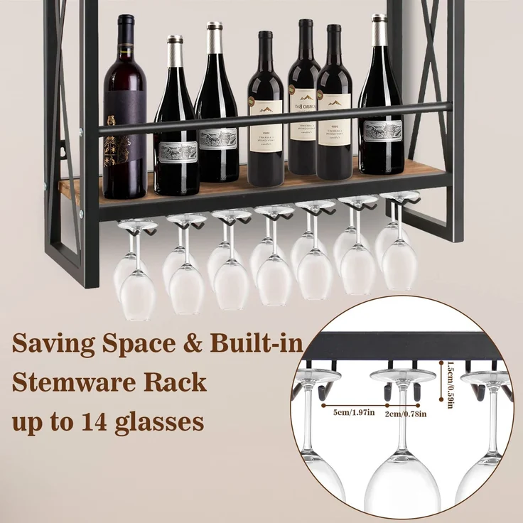 Todeco Weinregal Wandmontiert mit Glashalter Holz Metall Flaschenregal mit 3 Ebenen für 12 Flaschen Wein Weinständer mit Tassenablageregal geeignet für Küche maximale Belastbarkeit 50 kg, 60*20*62 cm – Bild 7
