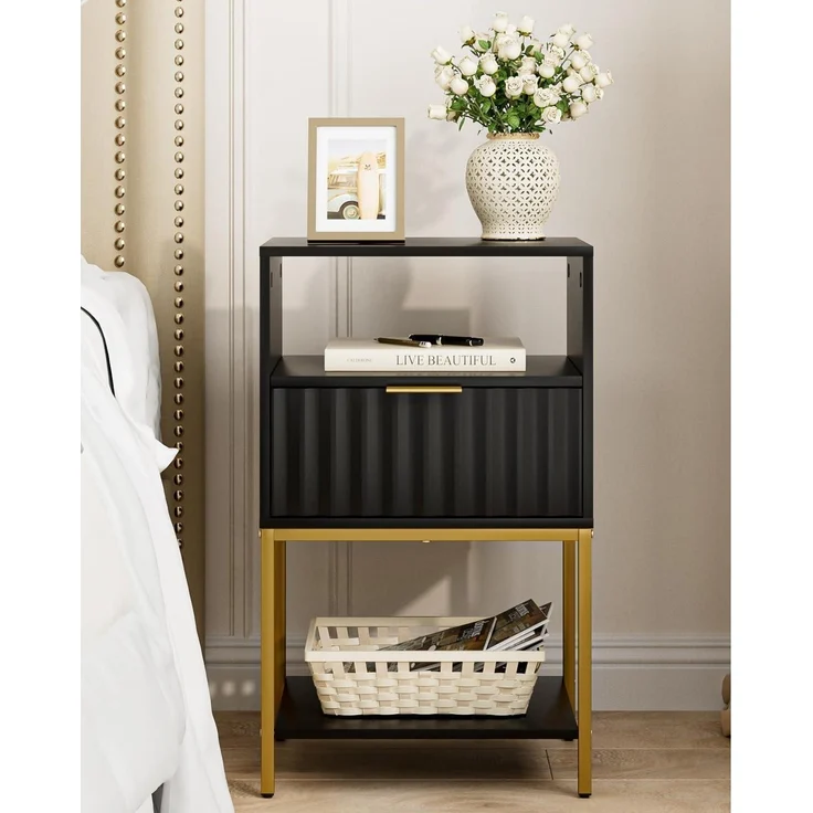 HEYZOEY Nachttisch 3-Tier Schwarz Goldrahmen Endtisch Fernsehtisch – Bild 3