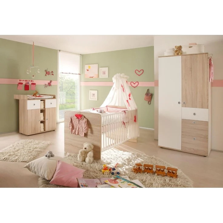 WIKI Babyzimmer Komplett-Set in Eiche Sonoma Optik / Weiß - Babyzimmer Möbel-Set 3-teilig bestehend aus Kleiderschrank, Babybett & Wickelkommode – Bild 2