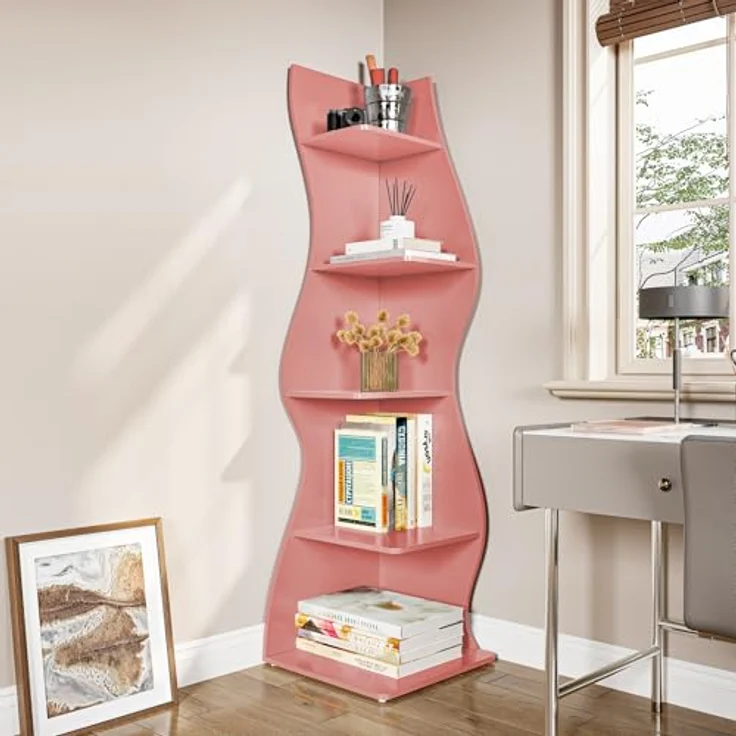 LITTLE TREE Bücherregal Ecke, Modernes Regal Schmal mit 6 Ebenen, 50 x 48 x 179 cm Bücherregal Holz, Standregal mit Wellen-Design für Kleine Räume, Wohnzimmer & Schlafzimmer, Rosa, 2er Pack – Bild 3