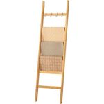 Yorbay Handtuchleiter Handtuchhalter Bambus, 6 Ebenen Leiterregal, 4 Haken und 2 Sicherheitsgurten, 43x170 cm, für Bad, Wohnzimmer