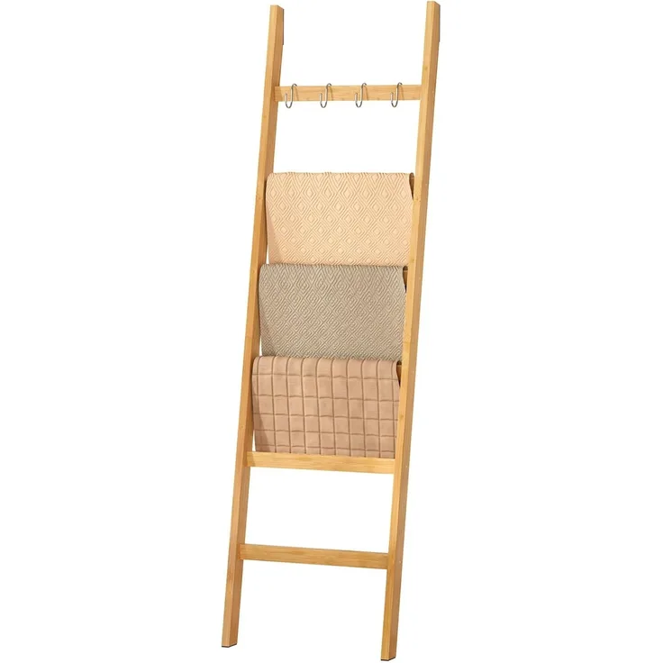 Yorbay Handtuchleiter Handtuchhalter Bambus, 6 Ebenen Leiterregal, 4 Haken und 2 Sicherheitsgurten, 43x170 cm, für Bad, Wohnzimmer