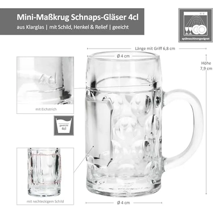 MamboCat Schnapsglas 12x Mini-Maßkrug Schnapsgläser 4cl geeicht Shot-Glas Stamper Henkel, Glas – Bild 6