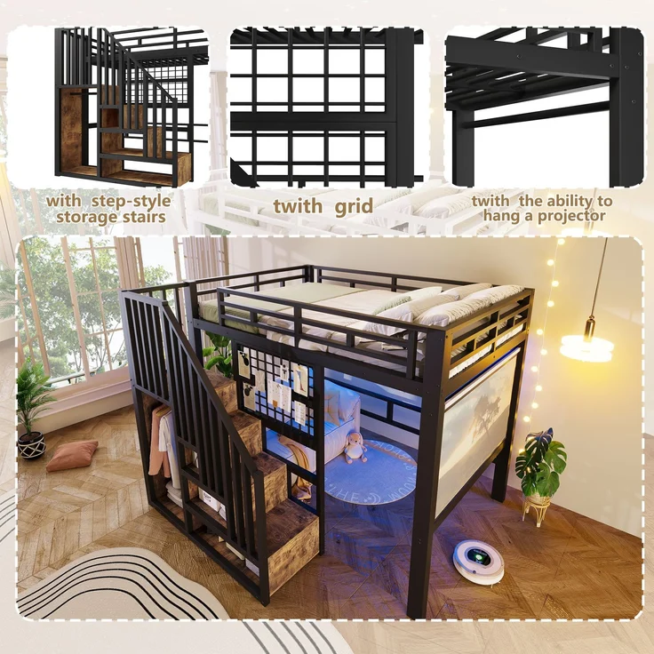 U-life Hochbett 140x200 cm, fürs Schlafzimmer, Eisenbett, Aufbewahrungstreppe, Gitter, Aufhängestange, MDF, Schwarz – Bild 8