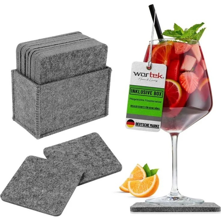 wortek Getränkeuntersetzer Filz-Untersetzer Eckig für Gläser 10er Set + Box, Zubehör für Tisch & Gläser, Set, 10-tlg, waschbare Getränke Glasuntersetzer Gläser, Tischuntersetzer Filz 10 cm