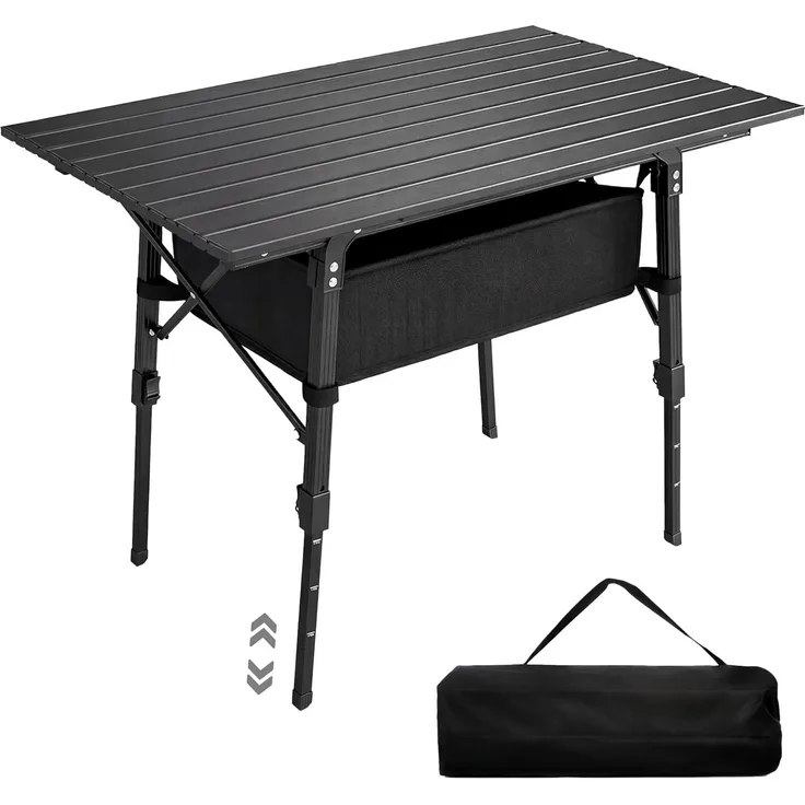Outsunny Campingtisch Klappbarer, höhenverstellbarer, tragbarer Tisch (leichter Picknicktisch aus Aluminiumlegierung, 1-St, mit Aufbewahrungskorb und Tragetasche), für Gartenpartys im Freien, Grillen