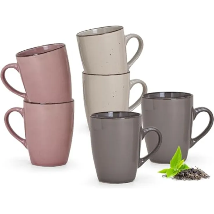 matches21 HOME & HOBBY Tasse Kaffeetassen 6er Set einfarbig modern Vintage Steingut-Stil, 6-tlg, Keramik, Tee Kaffee-Becher, alt-rosa beige cremefarben grau, 300 ml