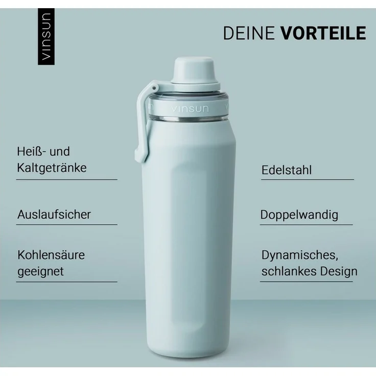 Vinsun Isolierflasche Edelstahl Trinkflasche 750ml - Thermoflasche Sport BPA frei leicht, Doppelwandig isoliert, auslaufsicher, Kohlensäure geeignet, robust – Bild 2