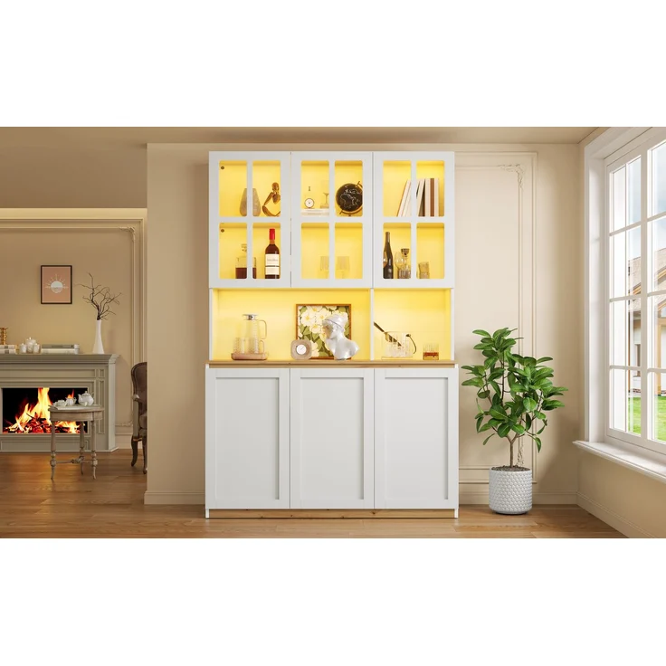 ZUBALIYA Vitrinenschrank 120x200cm, Buffetschrank mit LED-Beleuchtung, Küchenschrank mit Glasrahmentüren, Weiß mit Holzoptik, großer Wohnzimmerschrank als Barschrank, Geschirrschrank und Aufbewahrungsschrank – Bild 15