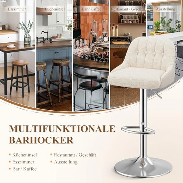 MALOL 360° Drehbarer Höhenverstellbarer Barhocker, Bar Hocker 4er Set mit Rückenlehne, Moderner Küchenhocker mit Metallfuß für Theke, Esszimmer, Barstuhl mit Kombination aus Leder und Bouclé, Beige – Bild 9