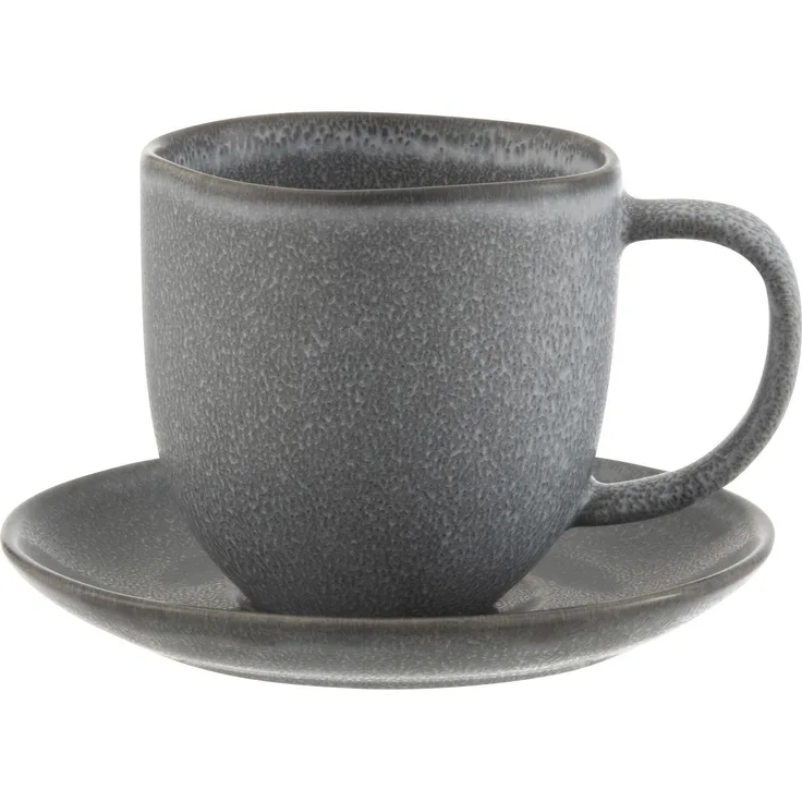 J-LINE / Tasse & Untertasse Louise aus Keramik, Grau / Töpferei / Grau / L12,50xB9,00xH9,50cm