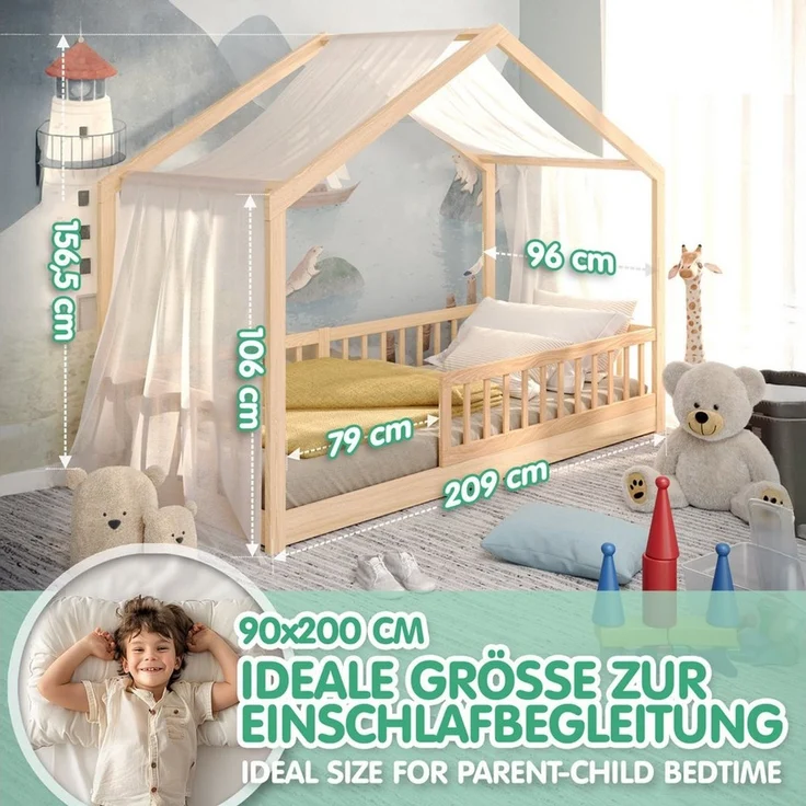 CADANI Kinderbett Malte Hausbett Bodenbett - Rausfallschutz abnehmbar - bis 200 kg (90x200 cm, Montessori Kinder- & Jugendbett aus Kiefer Massivholz), inkl. stabilem Roll-Lattenrost, langfristig nutzbar, Natur – Bild 4