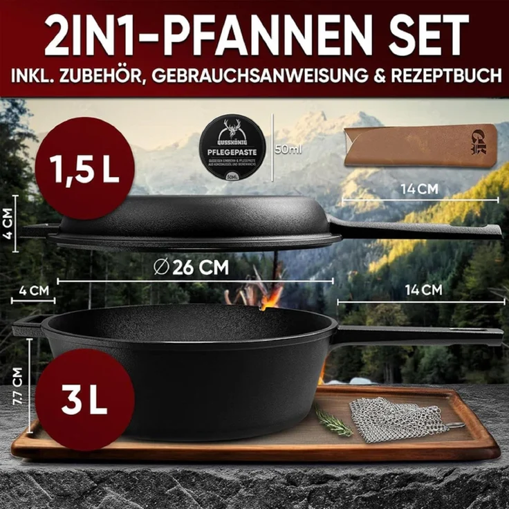 GUSSKÖNIG Dutch Oven 2in1 Pfannen Set 4,5L + Pflegepaste – Bild 2
