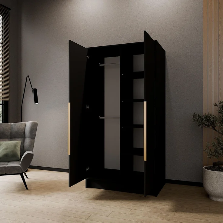 MEBLINI Kleiderschrank PORTINA 100cm - Schwarz Matt - mit goldfarbenen Griffen - Drehtürenschrank ohne Spiegel - Kleiderstangen und Regalböden – Bild 4