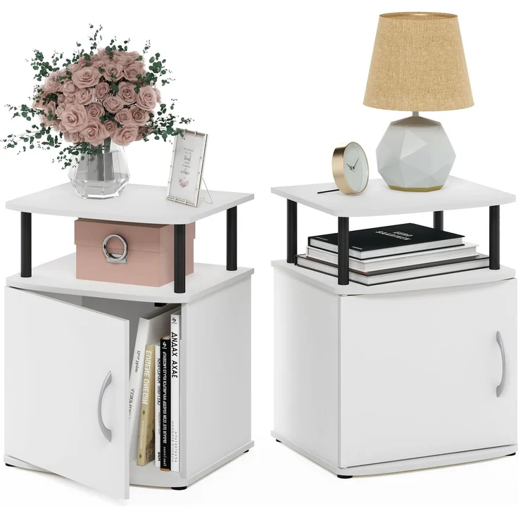 Furinno Jaya Beistelltisch Set aus 2, 2-stöckiger offener Regalseitentisch mit Türschrank, Nachttisch mit weichen Kanten, Nachttisch, für Wohnzimmer, Schlafzimmer, Weiß