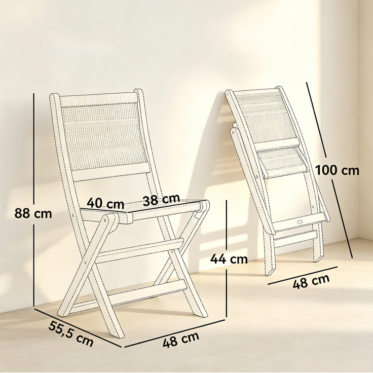 Gartenstühle 2er-Set aus Akazienholz mit PP-Geflecht, klappbar, 48x55,5x88 cm, Natur/Beige – Bild 5