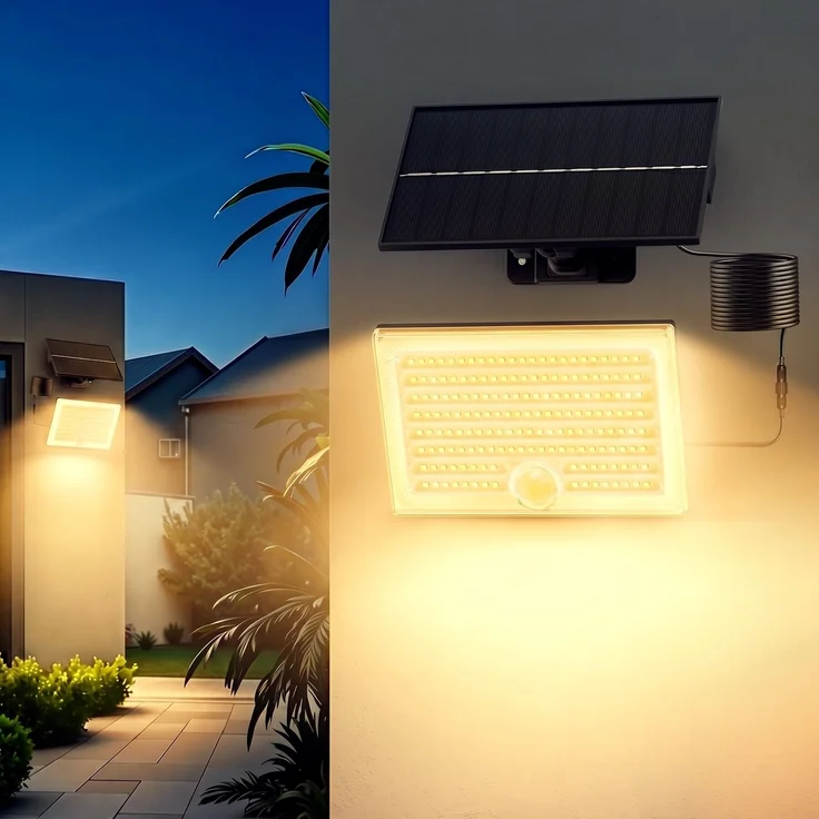 Realky Solarlampen für Außen mit Bewegungsmelder, IP65 Wasserdichte Solar Strahler mit 5m Kabel für Garage, Garten, Hof, Stufen, Haustüren-2 STÜCK Warmweiß