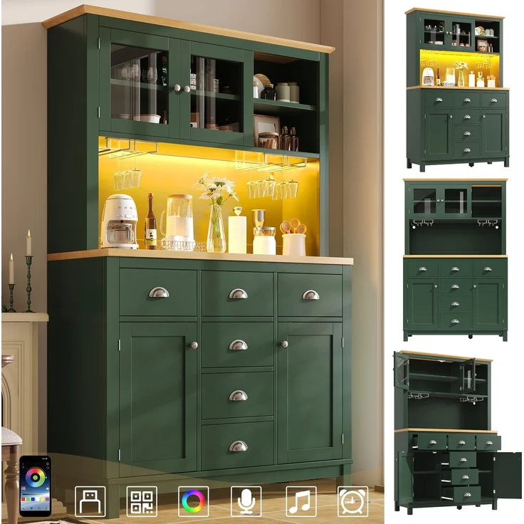 EINHOM Seitenboard / Aufbewahrungsschrank / Küchenschrank / Buffetschrank, 104 x 40 x 180 cm, Landhausstil, 4 Türen, mit LED-Lichtleiste & Getränkehaltern, Grün/Weiß, Grün – Bild 3