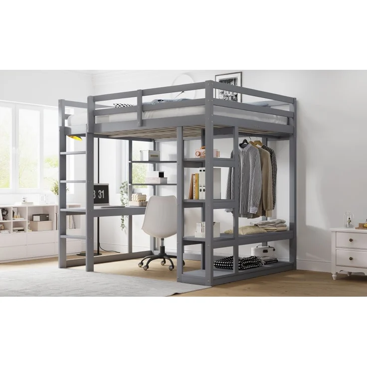 Graues Hochbett Mit Arbeitsplatz Und Kleiderschrank 140x200 Massivkiefer 120kg Tragkraft Jugendzimmer Studentenwohnung – Bild 4
