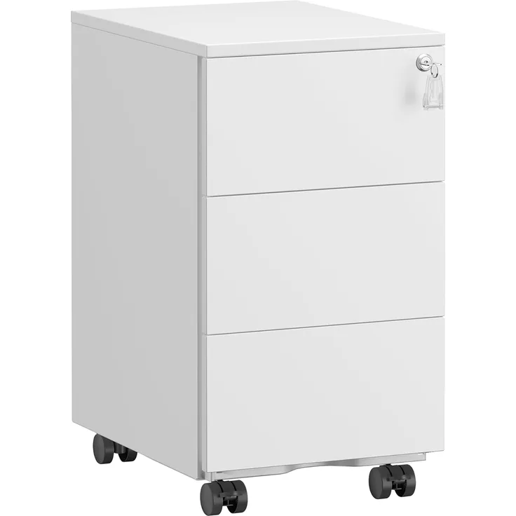 SONGMICS Schubladenschrank, Rollcontainer, mobiler Aktenschrank, Metallschrank, Druckertisch, abschließbar, 3 Schubladen, vormontiert, Büro, Homeoffice, 40 x 30 x 54 cm, mattweiß OFC079W01