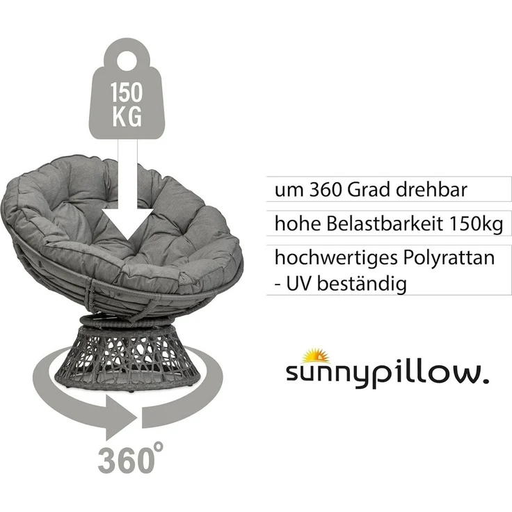 sunnypillow Rattanstuhl Papasansessel, Rattansessel mit Kissen rund Durchmesser 120 cm, Grau – Bild 3