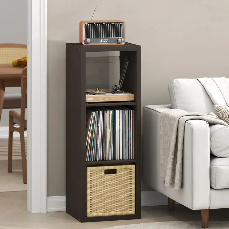 Furinno Cubicle Plattenspieler Regal mit Vinyl Aufbewahrung, 3-Würfel 1.2 Extra Dicke Vinyl Aufbewahrung, Medienregal für CD DVD Blueray Spiel Discs, für Wohnzimmer, Schwarz Dunkle Eiche