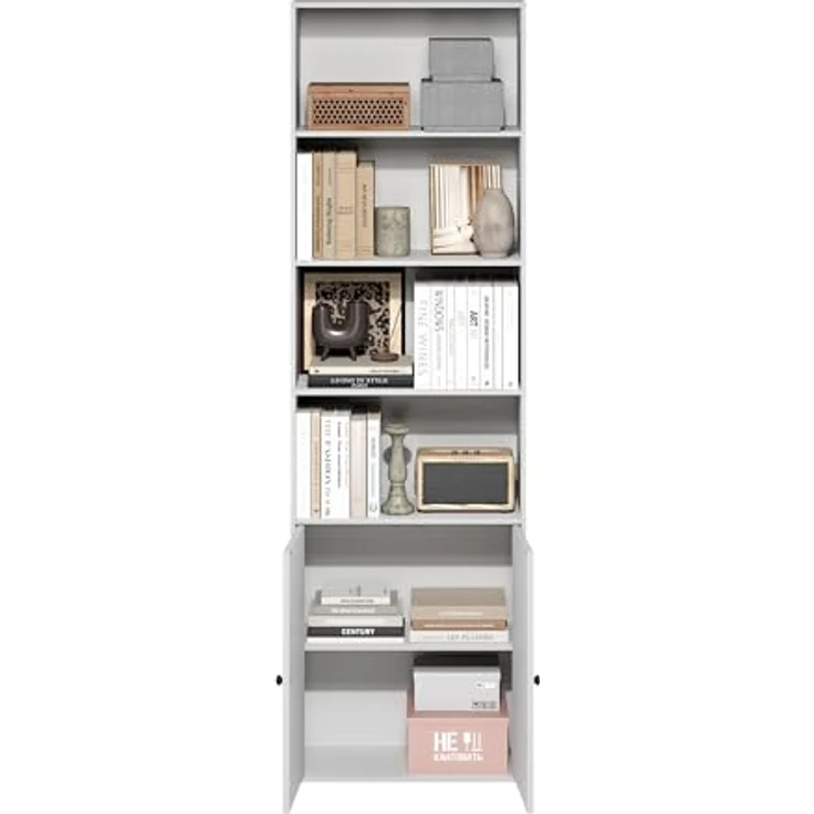 Furinno Jensen Landhausstil 6-stöckiges Ausstellungsregal, Bücherregal mit Türen, Weiß – Bild 4