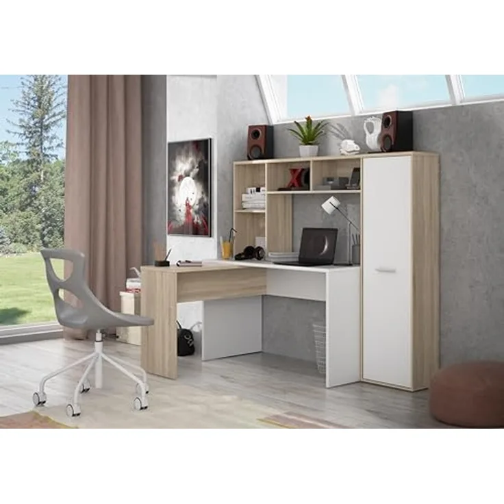 FORTE Eriadu Schreibtisch, Holzwerkstoff, Weiß/Beige, 173 x 152 x 116 cm