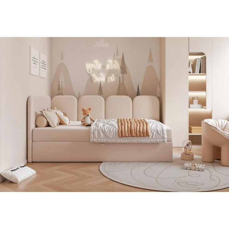 Compleo Boxspringbett Jugendbett DREAMY, Polsterbett mit Bettkasten, 80/90/100/120x200, Kopfteil links oder rechts, Boucle oder Velvet – Bild 2