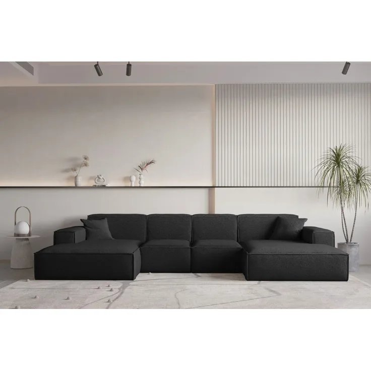 Wohnlandschaft U-Form CELES PREMIUM XS in Stoff Ascot Bukla Schwarz