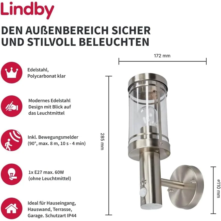 Lindby Außen-Wandleuchte Djori, Edelstahl Alu IP44mit Bewegungsmelder, 1 x 15 W LED – Bild 2