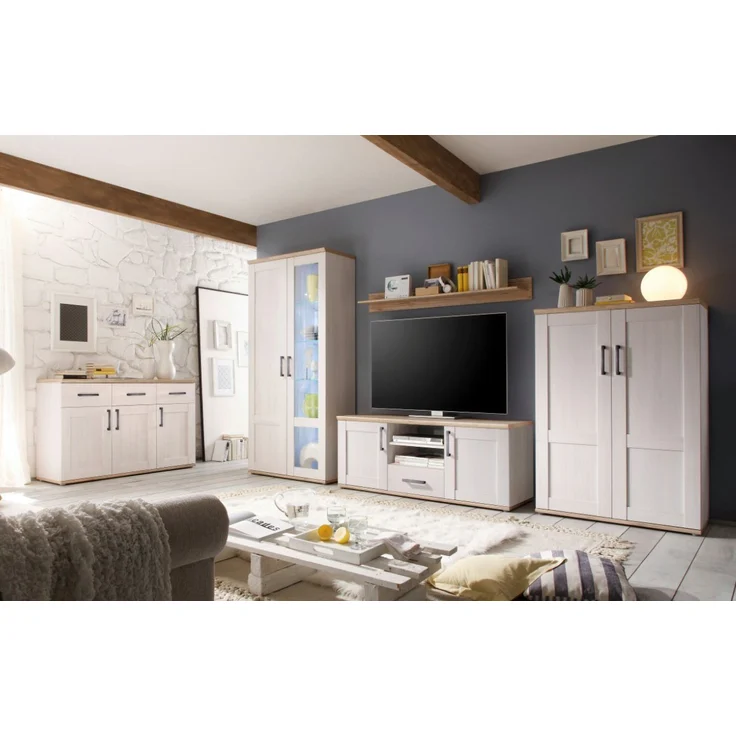 moebel-dich-auf Wohnwand ELEGANCE, (in Sibiu-Lärche Nb. Absetzung: San Remo hell, Vitrine + Wandboard + Lowboard + Stauraumelement), im Landhausstil inkl. LED-Beleuchtung – Bild 5