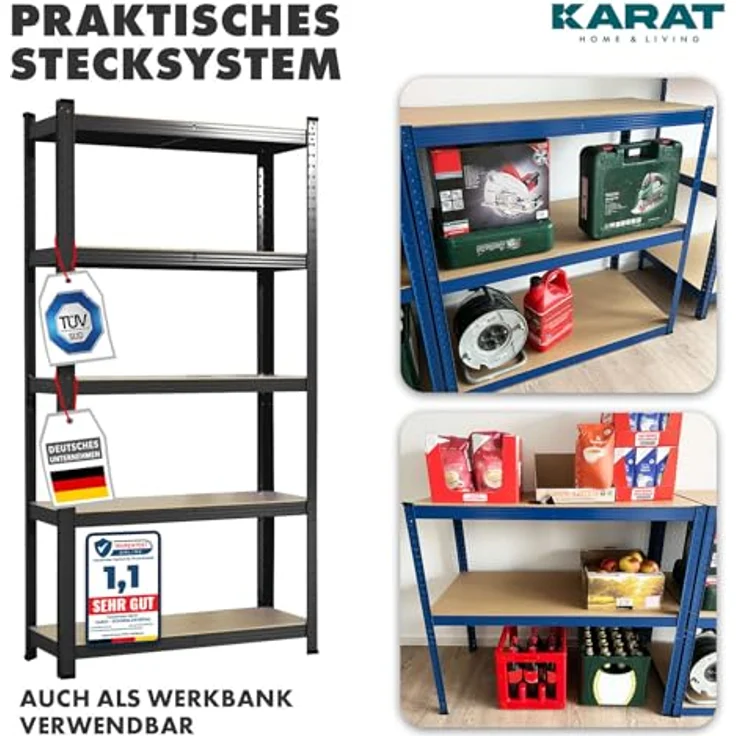 KARAT Schwerlastregal, 2er Set, 30 x 75 x 150 cm Steckregal, Kellerregal, Lagerregal - TÜV/GS-geprüft - 5 verstellbare Böden (Schwarz) – Bild 5