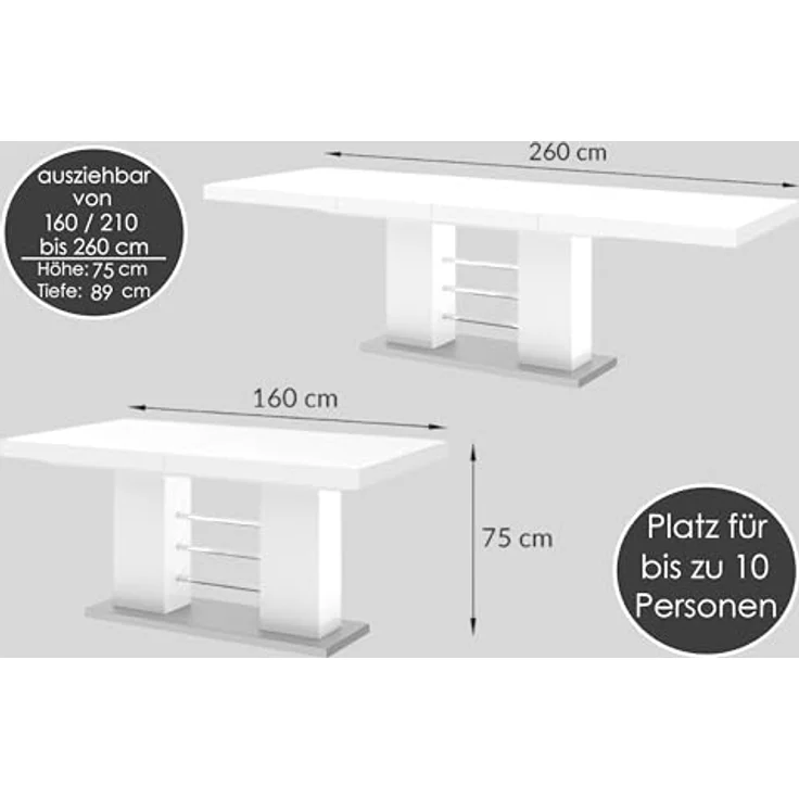 designimpex Esstisch Design HE-111 Schwarz - Grau Hochglanz ausziehbar 160 bis 260 cm – Bild 3