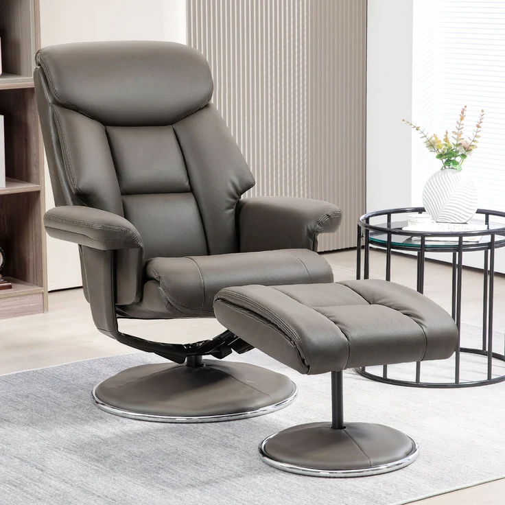 Relaxsessel mit Hocker, Rückenlehne verstellbar, Kunstleder, bis 150 kg, Grau--Grau--81x95x107cm--YOUDENOVA – Bild 3