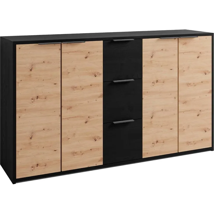 byLIVING Sideboard Rimini, Melamin Eiche schwarz und Artisan Eiche, 3 Schubkästen, 4 Türen