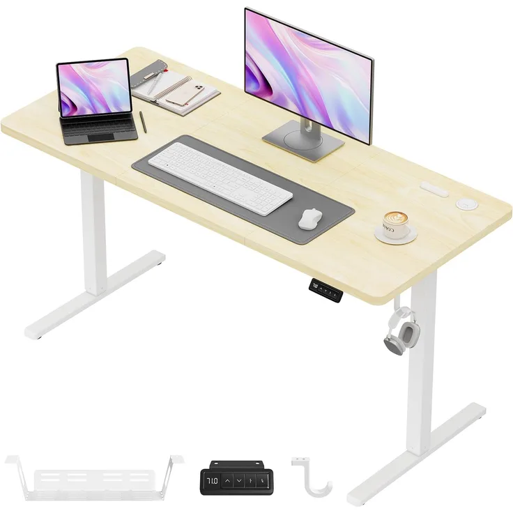 JUMMICO Elektrisch Höhenverstellbarer Schreibtisch 140 x 60 cm, Schreibtisch Höhenverstellbar mit 2 Memory-Funktion, Steh-Sitz Bürotisch, Computertisch mit Kabelmanagement Box, Elfenbeinbeige