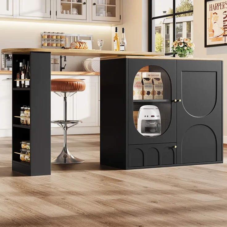 Kücheninsel Stehtisch 204x39x105cm MDF Metall Barwagen Aufbewahrung Drehtisch,Schwarz & Natur