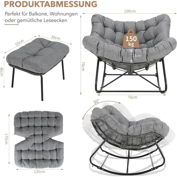 TLGREEN Schaukelstuhl Eiförmiger Rattanschaukelstuhl mit Fußhocker-Set, (Schaukelsessel Oversized, wetterfeste, mit dickem Abnehmbar Polster), Belastung von 150kg, Loungesessel für Garten Balkon Wohnzimmer – Bild 2