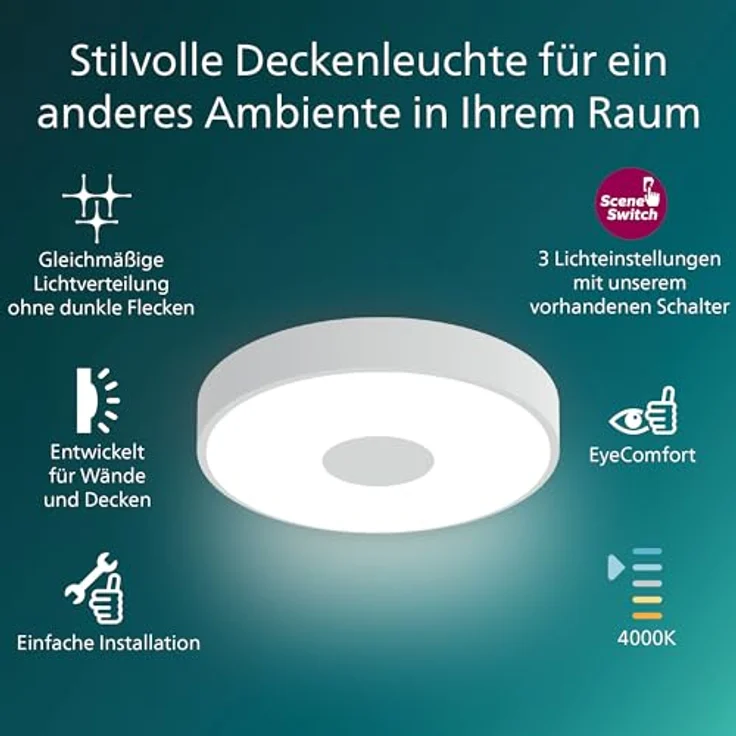 Philips Coiner SceneSwitch LED Deckenleuchte, rund, 24 W, 2800 Lumen, 4000 K, Weiß, IP20, 3 Lichteinstellungen – Bild 2